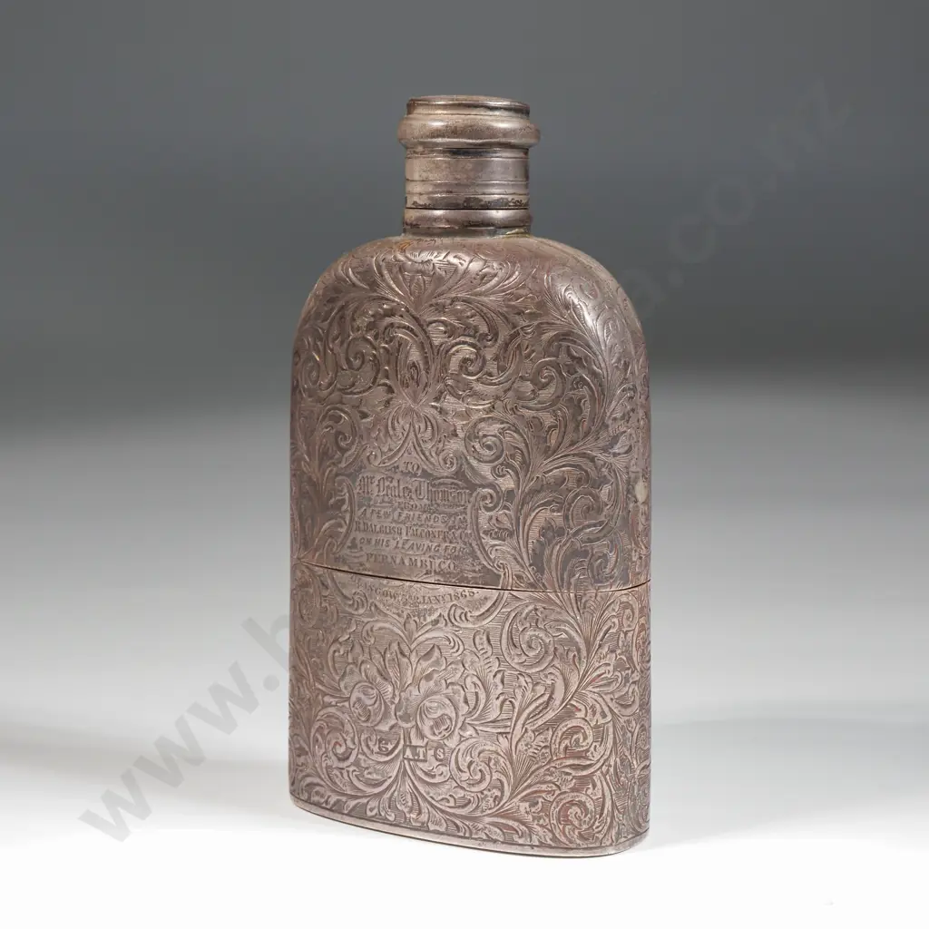 Exceptional Sterling Silver Engraved Hipflask w Cup Presented to Mr Neale Thomson of Glasgow 1868 Image 1++