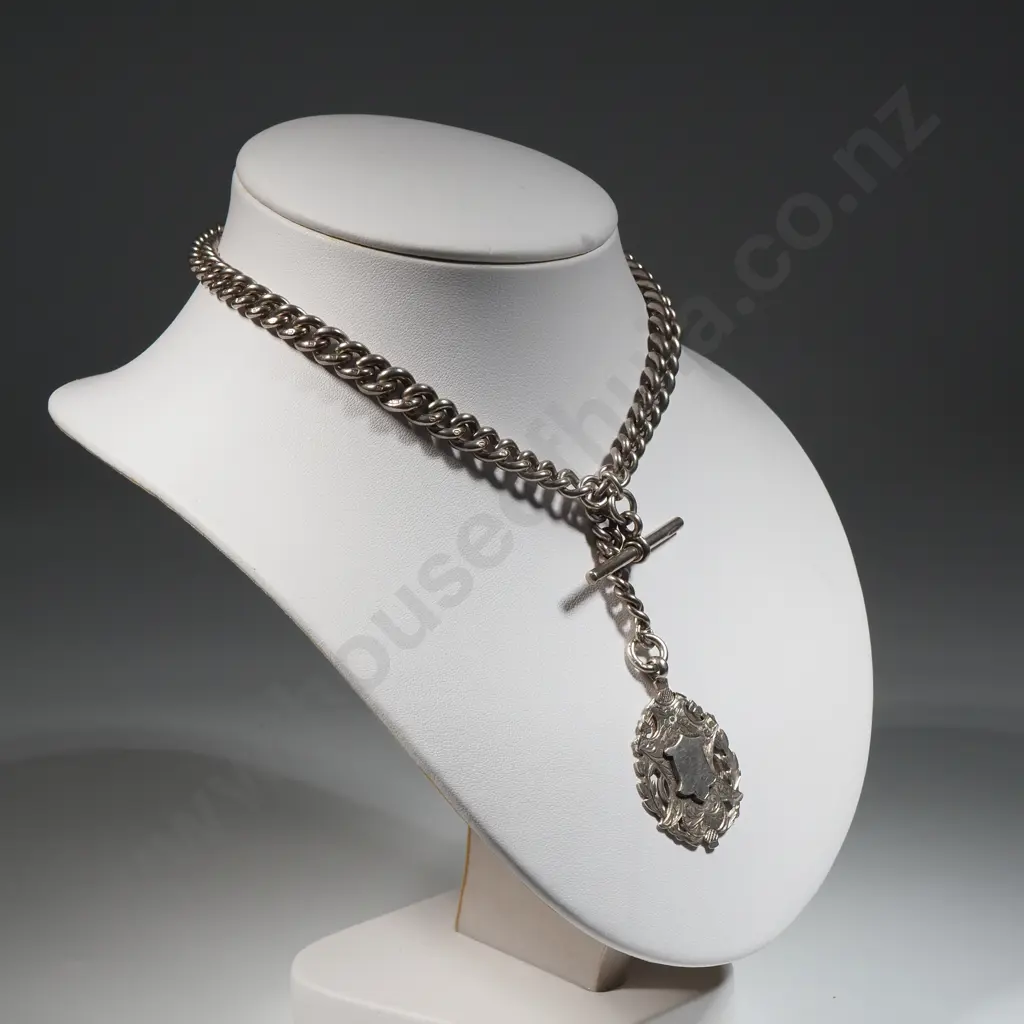 Antique Sterling Silver Albert Chain w T-Bar & Fob & Dog Clip. Image 1++