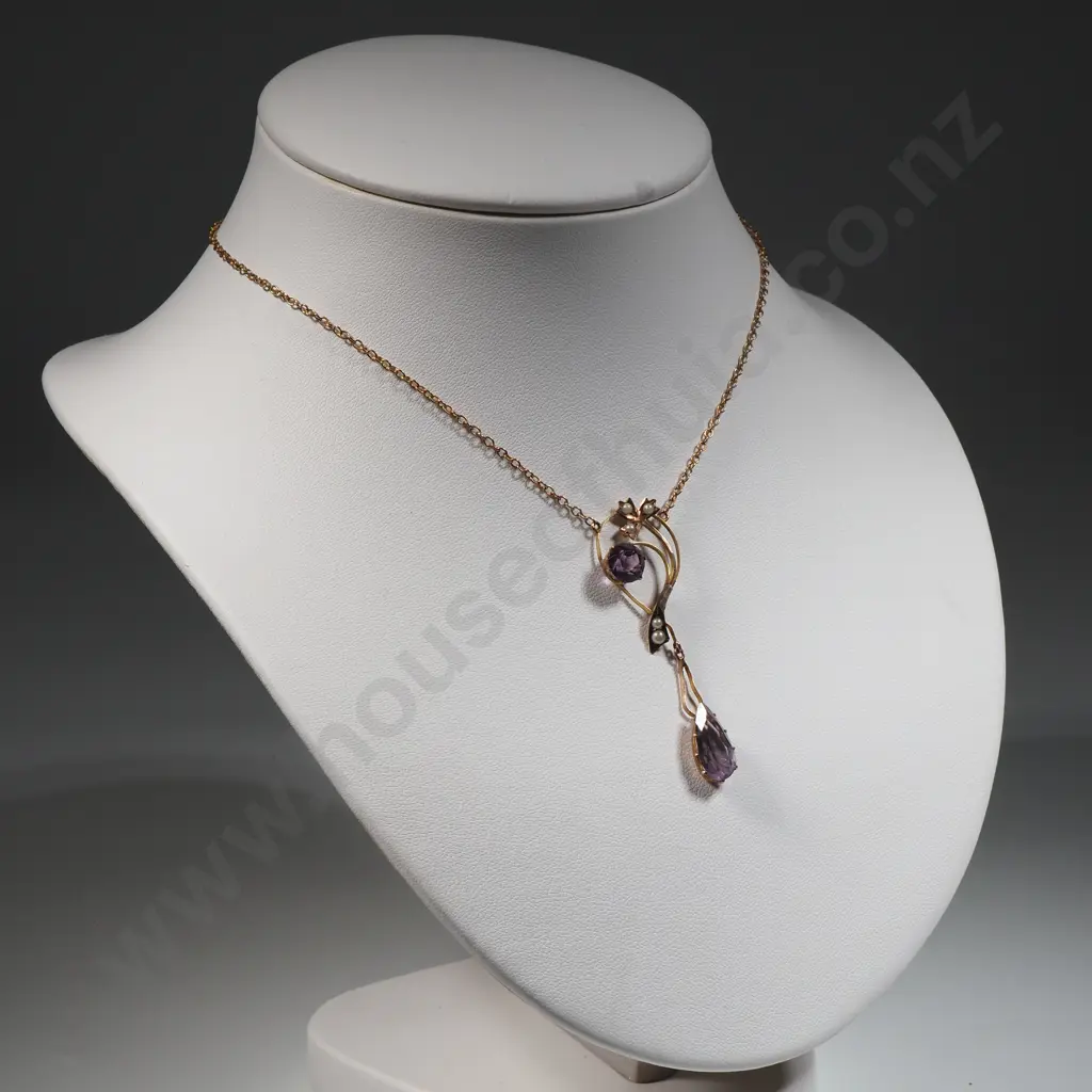 Edwardian 9ct Gold  Amythest & Seed Pearl Necklace. Image 1++