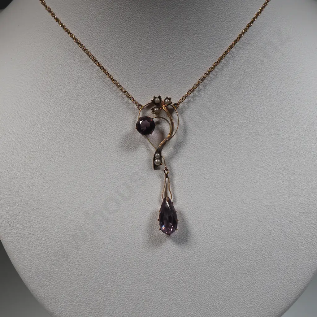 Edwardian 9ct Gold  Amythest & Seed Pearl Necklace. Image 1++