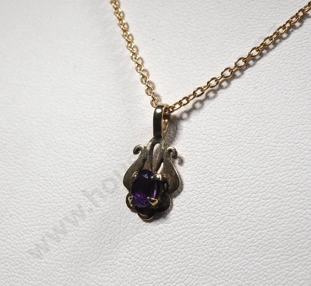 Vintage 9ct Gold & Amethyst Pendant w GP Sterling Silver Chain Image 1++