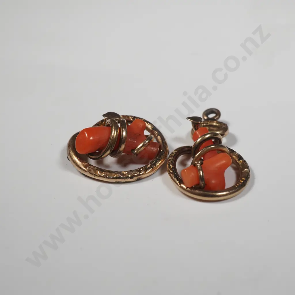 9ct Gold Victorian Snake & Coral Earrings A/F Image 1++
