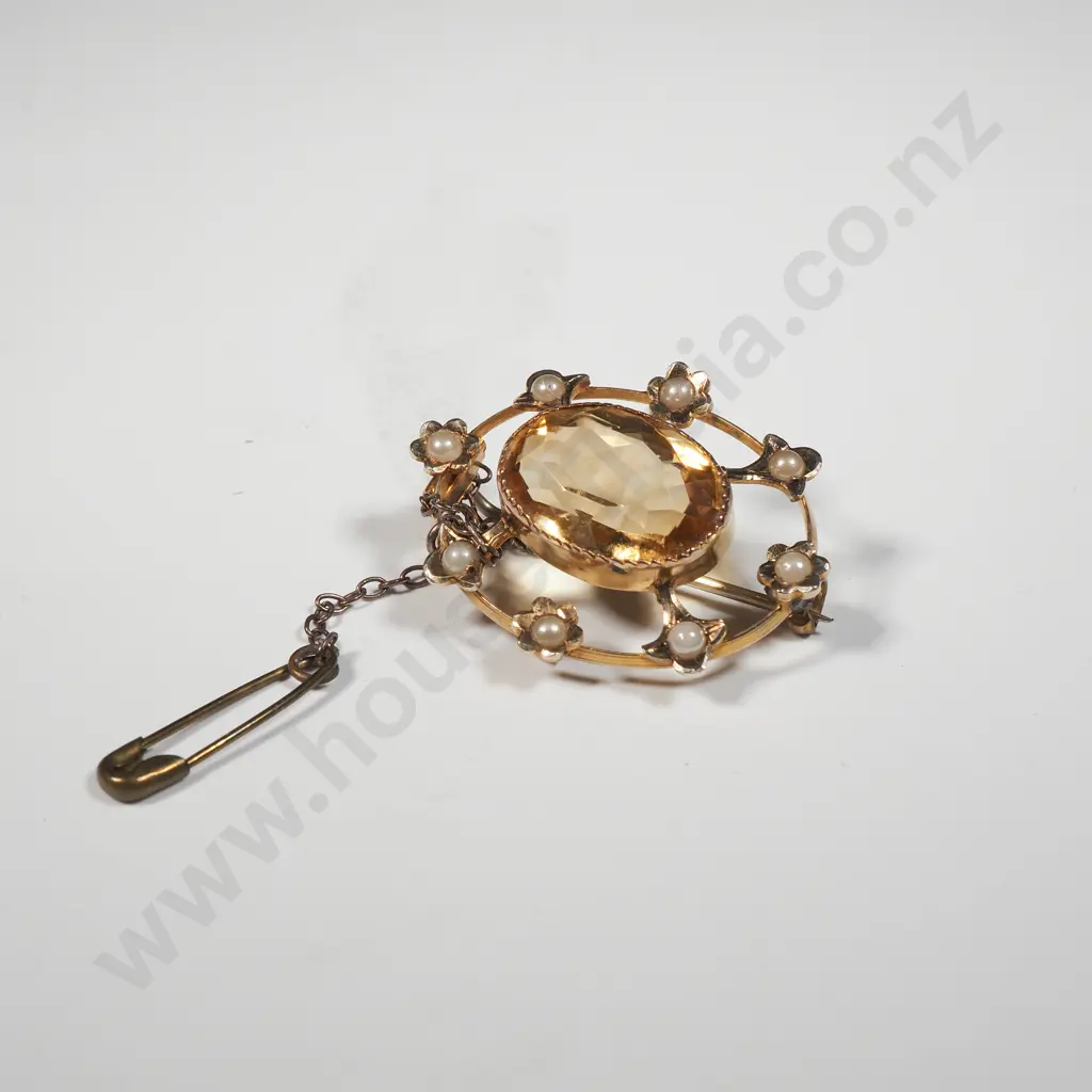 9ct Gold Citrine Brooch w Seedpearls Image 1++