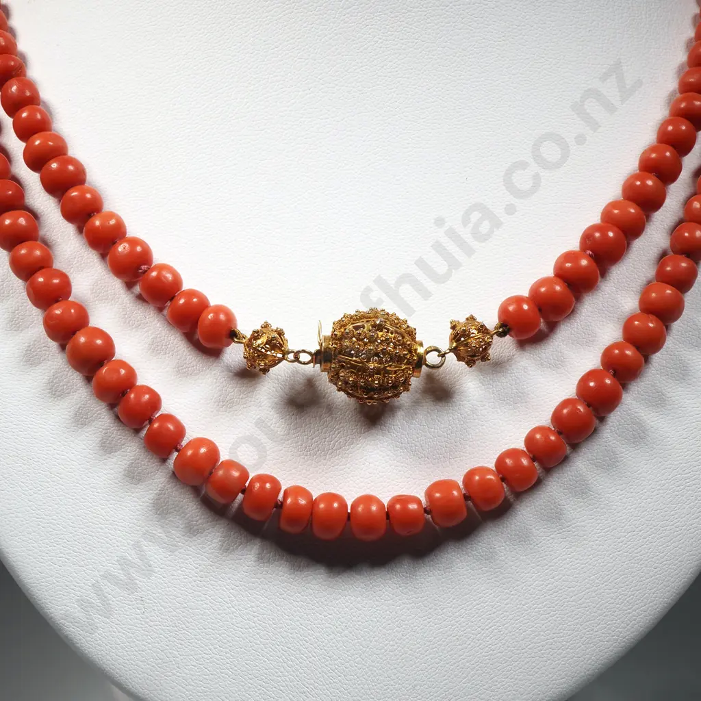 Vintage Long Coral Bead Necklace w Fancy Filigree Clasp Image 1++