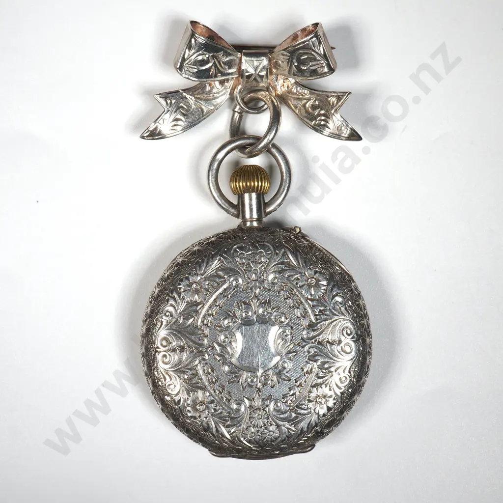 Sterling Silver Baume Open Face Pocket Watch W Attached Bow & Highly Engraved Back   Image 1++