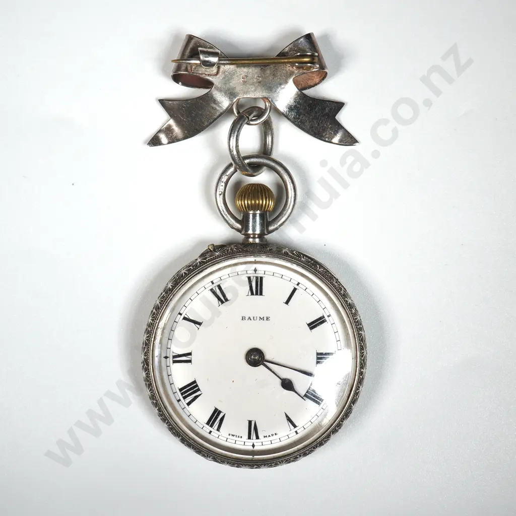 Sterling Silver Baume Open Face Pocket Watch W Attached Bow & Highly Engraved Back   Image 1++