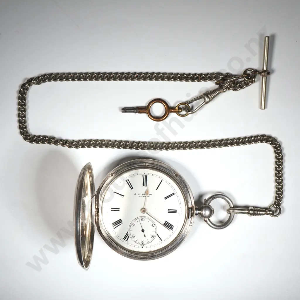 Sterling Silver Hunter Pocket Watch For J W Benson. London 1885 w Silver Plated Watch Chain w T Bar Image 1++
