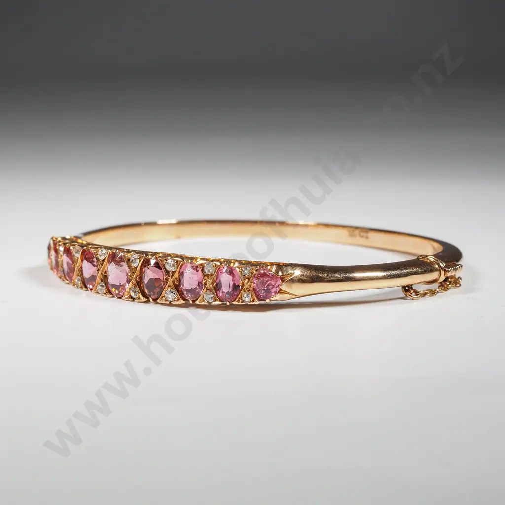 15ct Gold Diamond & Pink Tourmaline Hinged Bracelet in Period Box Image 1++