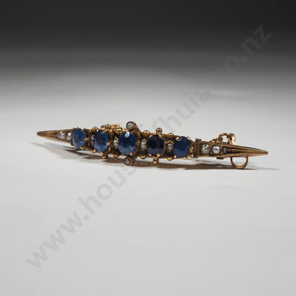 9ct Gold Sapphire & Seed Pearl Brooch  Image 1++