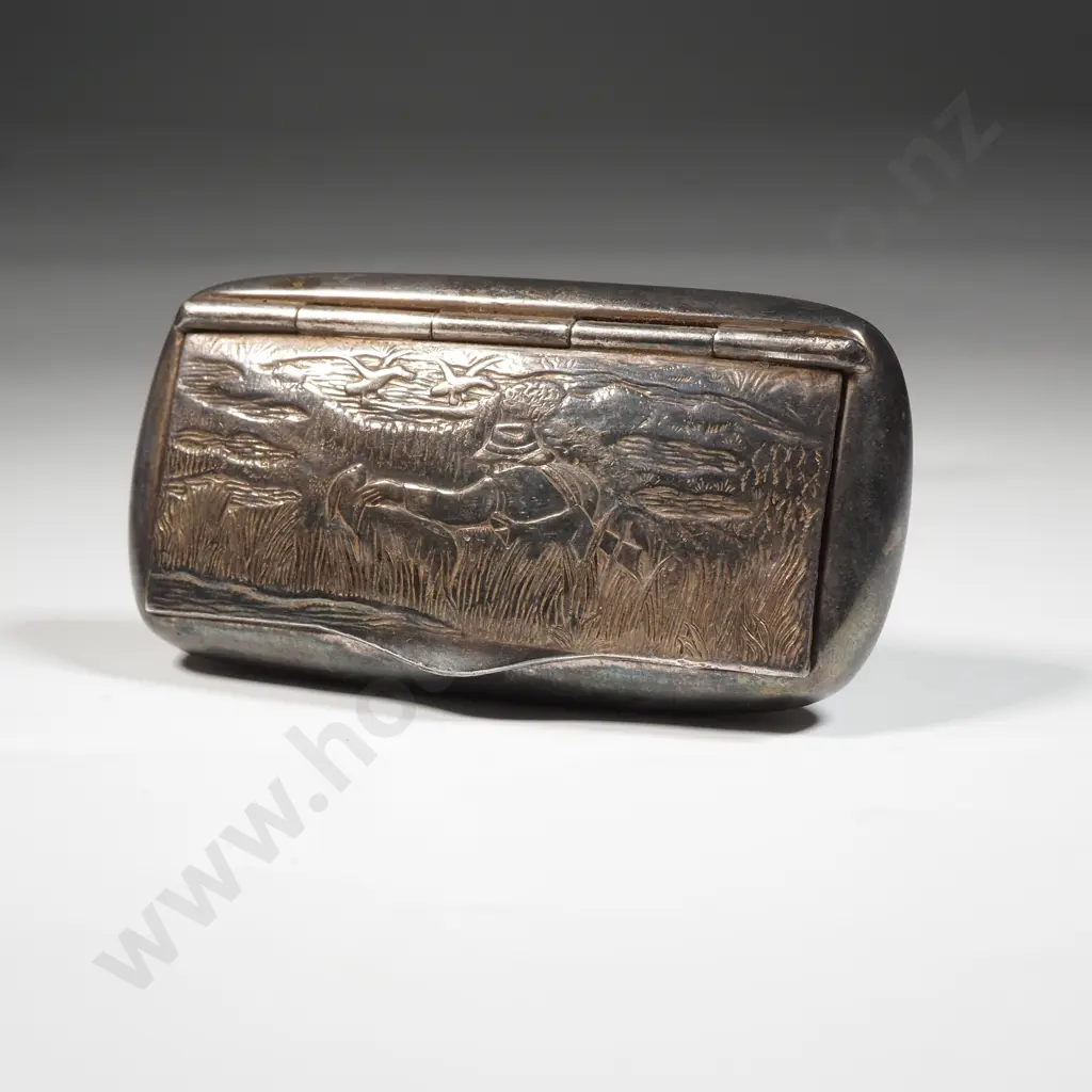 Portuguese Sterling Silver Hinged Snuff Box with Hunting Scene Decoration To Lid Image 1++