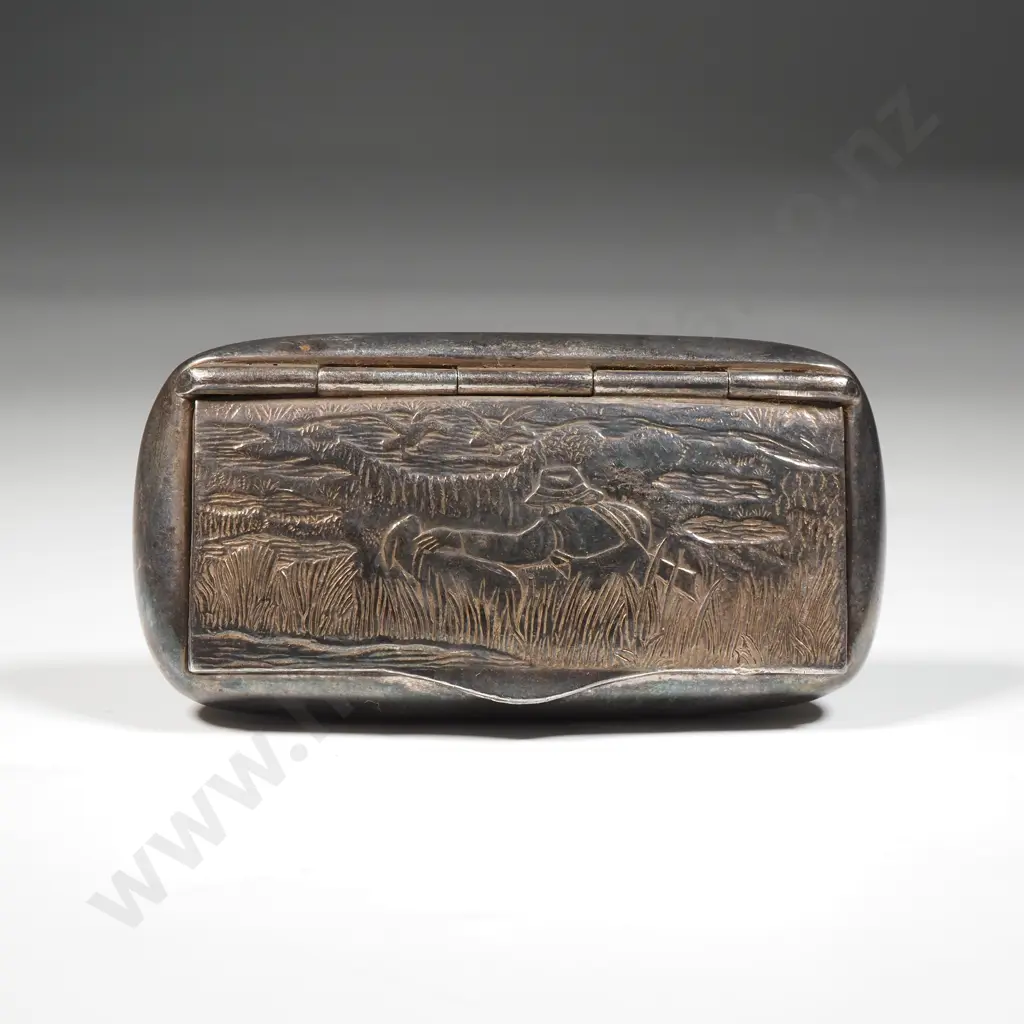 Portuguese Sterling Silver Hinged Snuff Box with Hunting Scene Decoration To Lid Image 1++