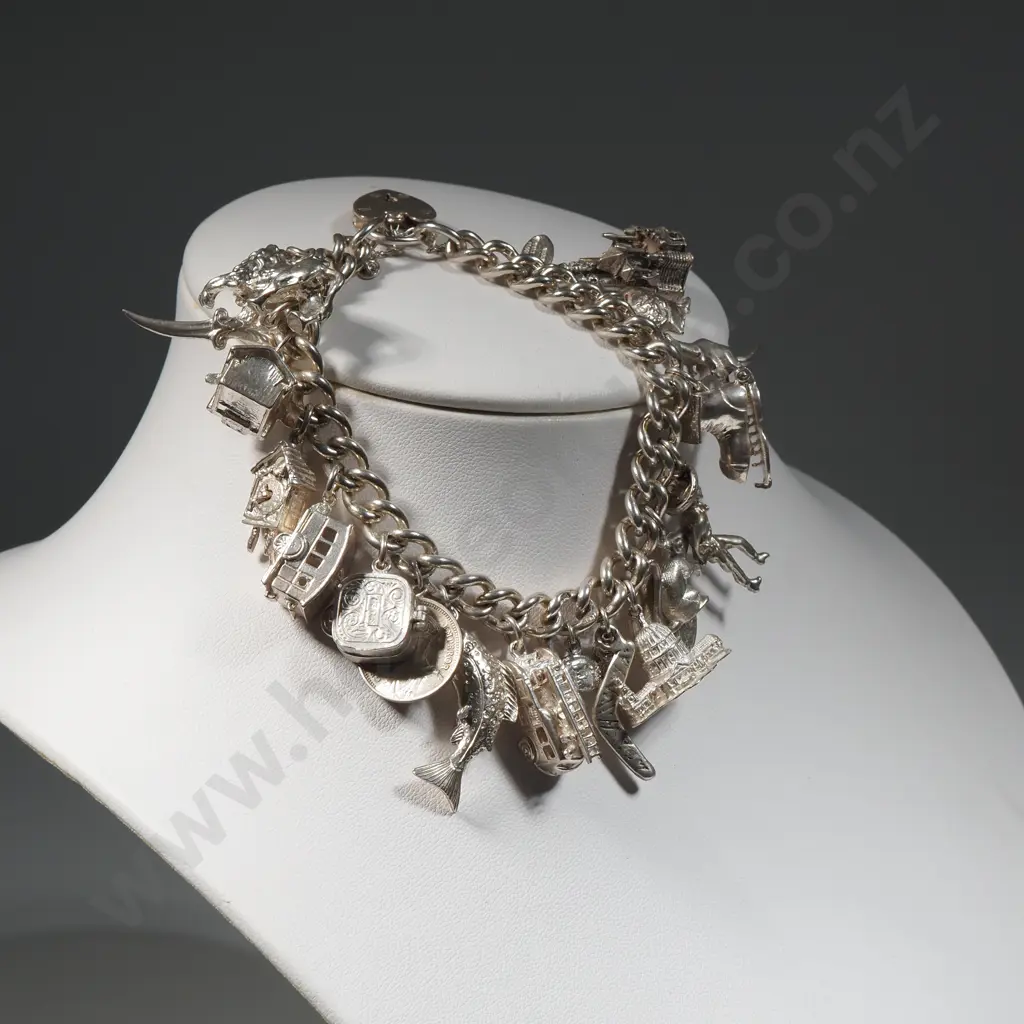 Exceptional Sterling Silver Charm Bracelet w 18 Charms incl Moari Whare Image 1++