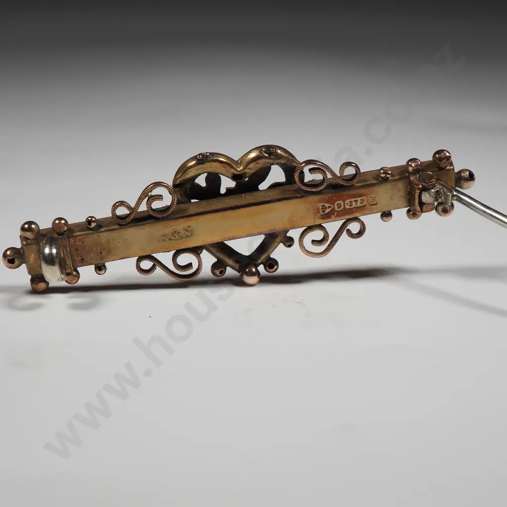 Antique 9ct Gold Heart & Flowers Bar Brooch  Image 1++
