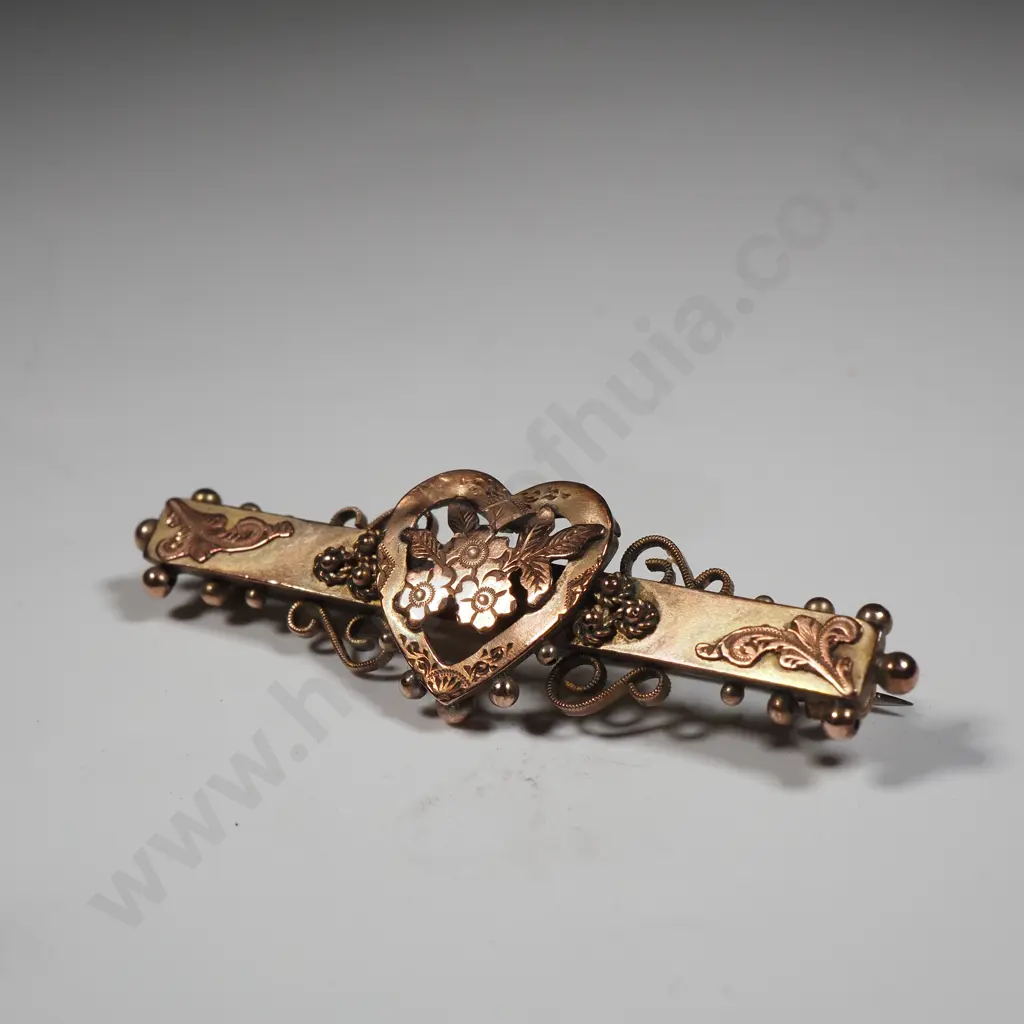 Antique 9ct Gold Heart & Flowers Bar Brooch  Image 1++