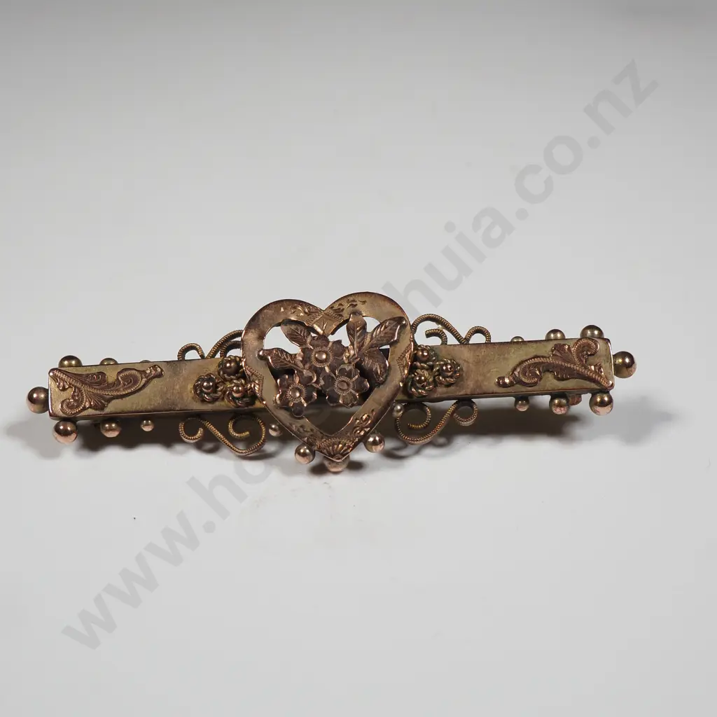 Antique 9ct Gold Heart & Flowers Bar Brooch  Image 1++