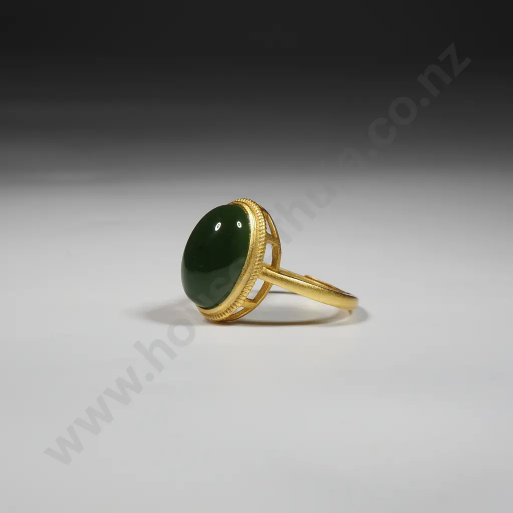 Gold Plate Sterling Silver Adjustable Ring Set With An Oval Greenstone  Image 1++