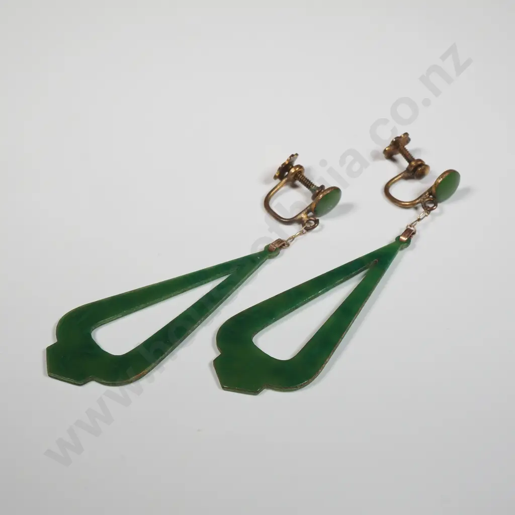 Carved Jade Earrings w R G Mounts  Image 1++
