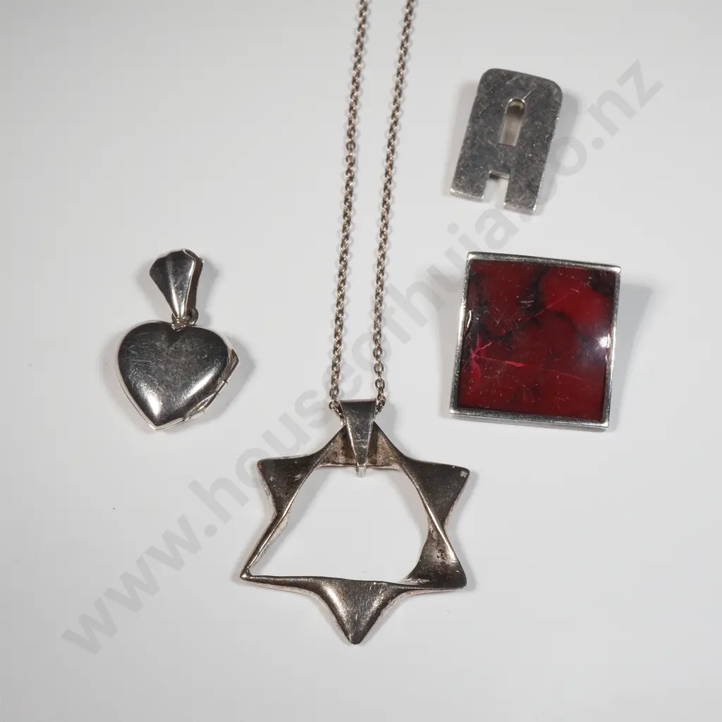 Four Sterling Silver Resin Square Pendant, Pendant In The Form Of  an  "A",Heart Shaped Pendant & a Star Pendant & Chain Image 1++