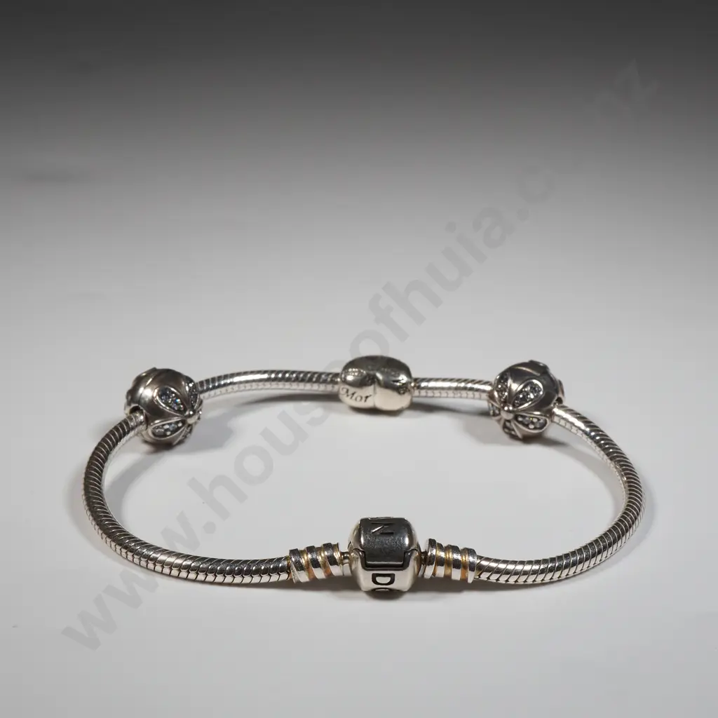 Sterling Silver Pandora Bracelet & Three Charms. Two Set With White Stones Image 1++
