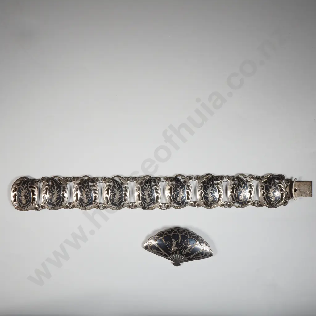 Black Niello Siam Sterling Silver Bracelet & Fan Shaped Brooch Both Decorated With Thai Dancing Goddess's Image 1++