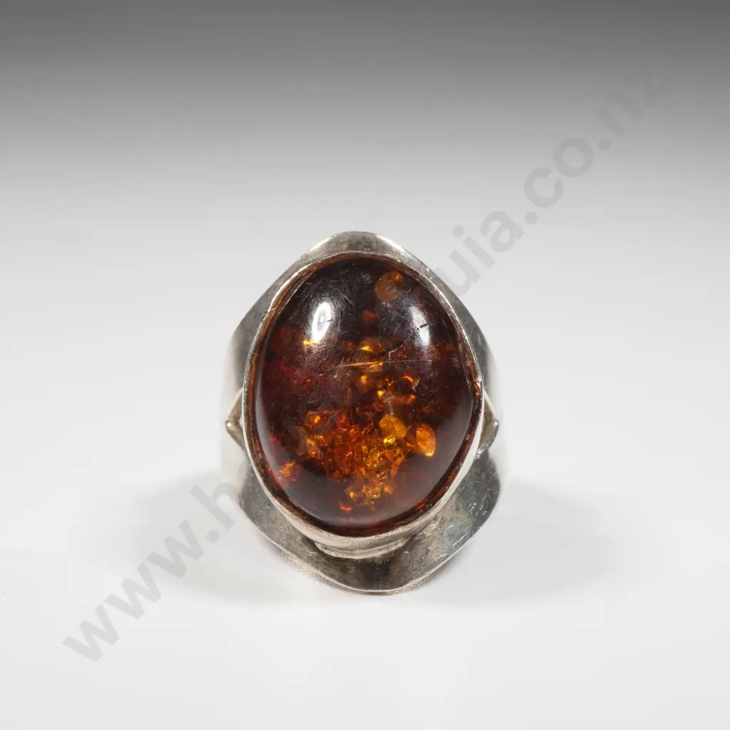 Large Sterling Silver & Amber Ring Image 1++