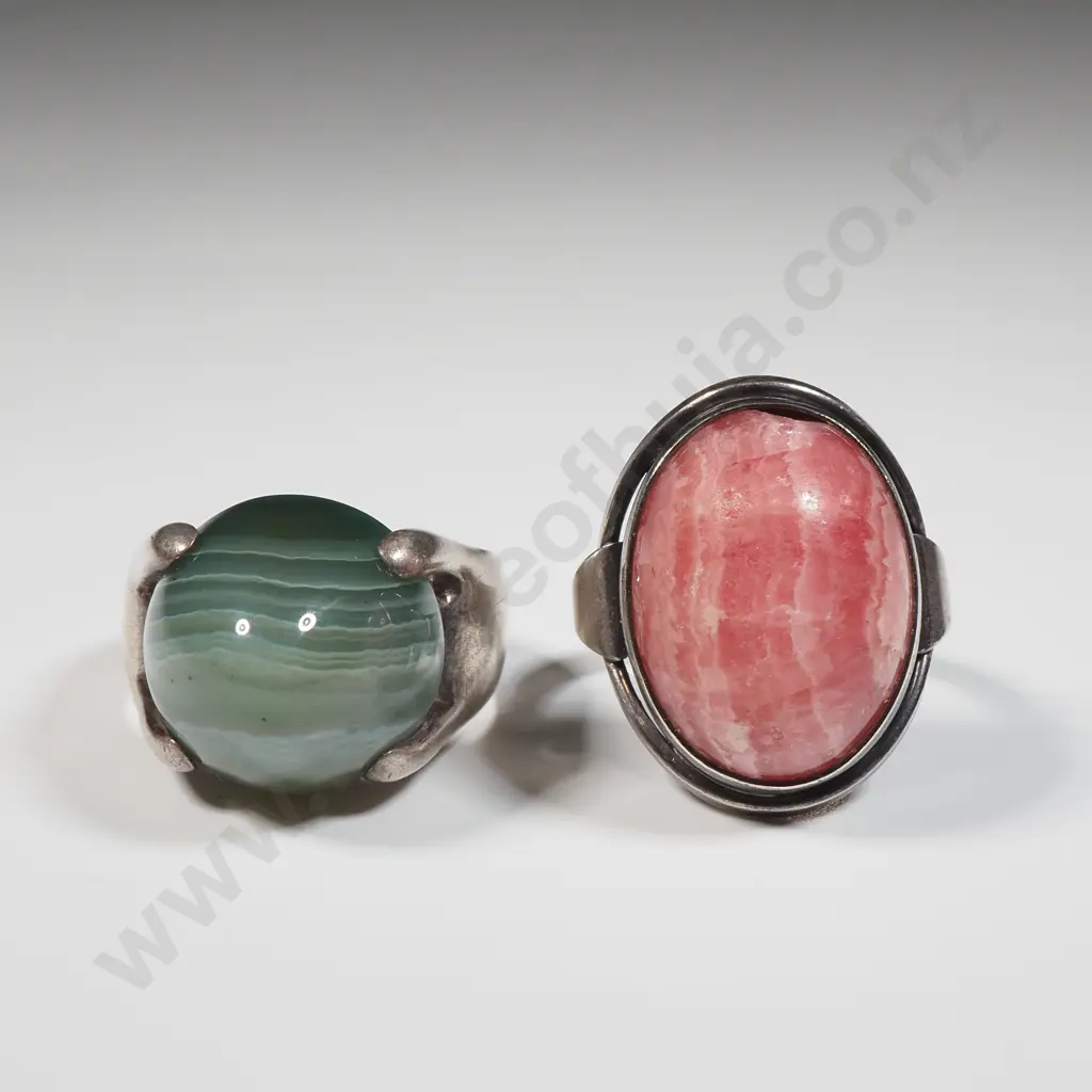 Two Sterling Silver Large Stone Rings- One A Rhodochrosite & The Other A Banded Agate Image 1++