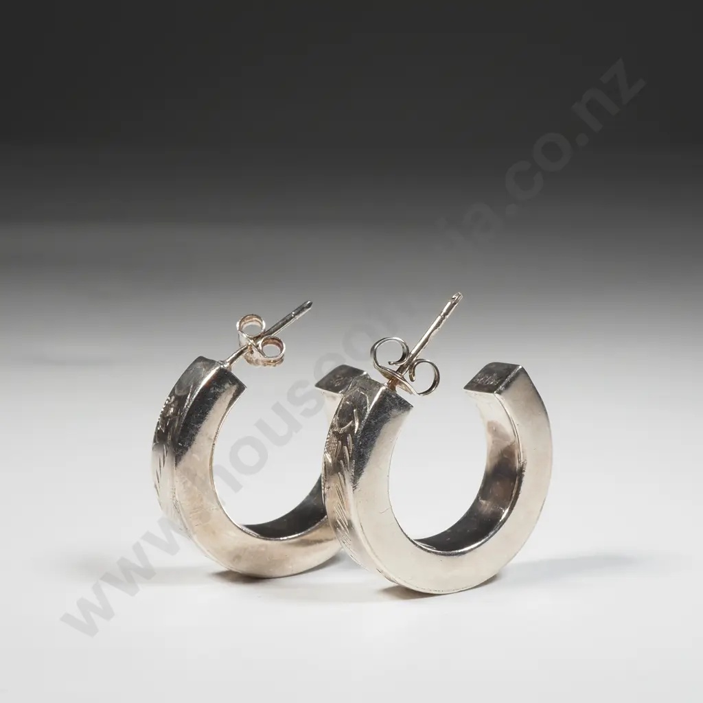 Pair Of Sterling Silver Solid Hoop Style Earrings With Engraved Decoration  Image 1++