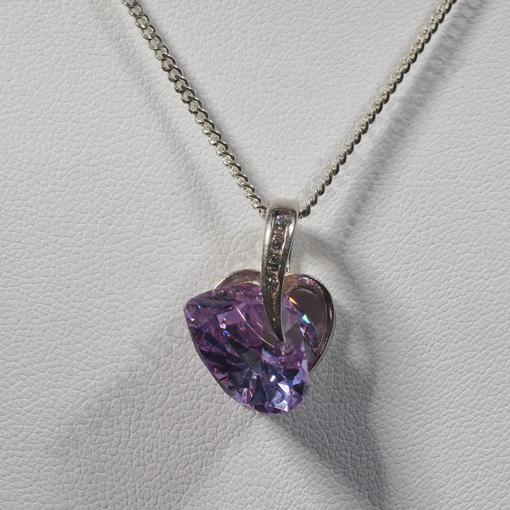 Sterling Silver Heart Pendant with Purple Stone  Image 1++
