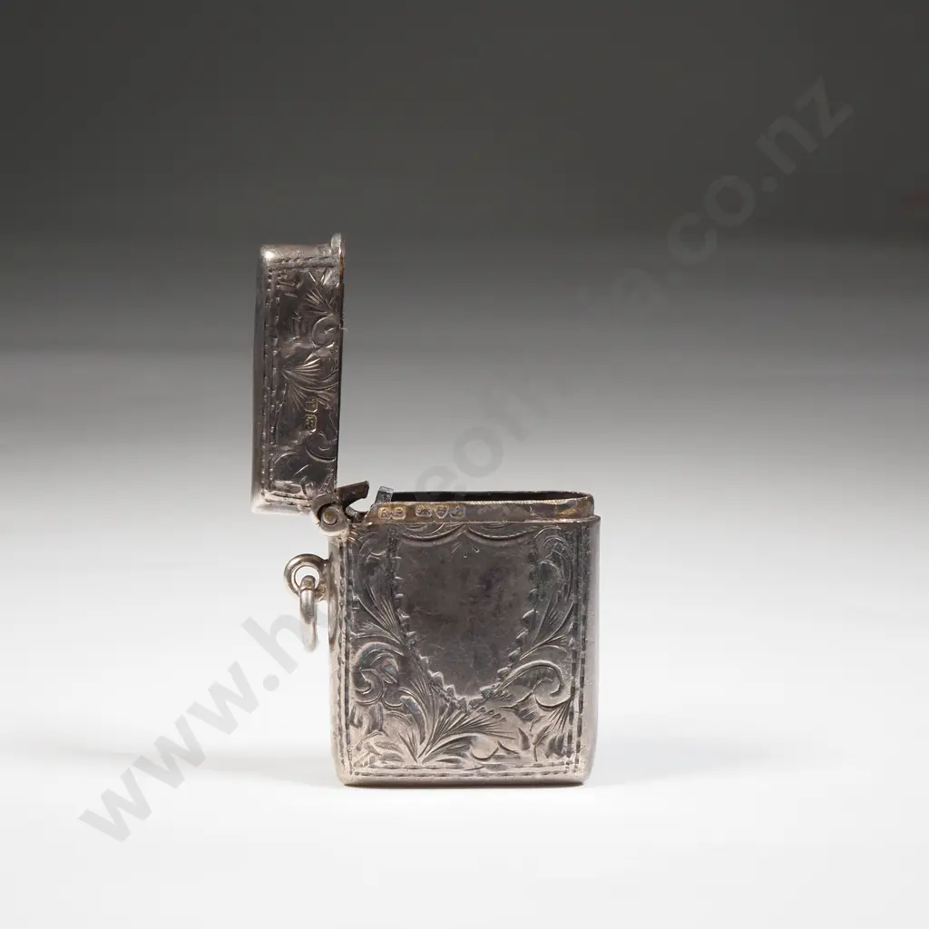 Sterling Silver Vesta Box With All Over Scroll Decoration & Empty Shield Shaped Cartouche Image 1++