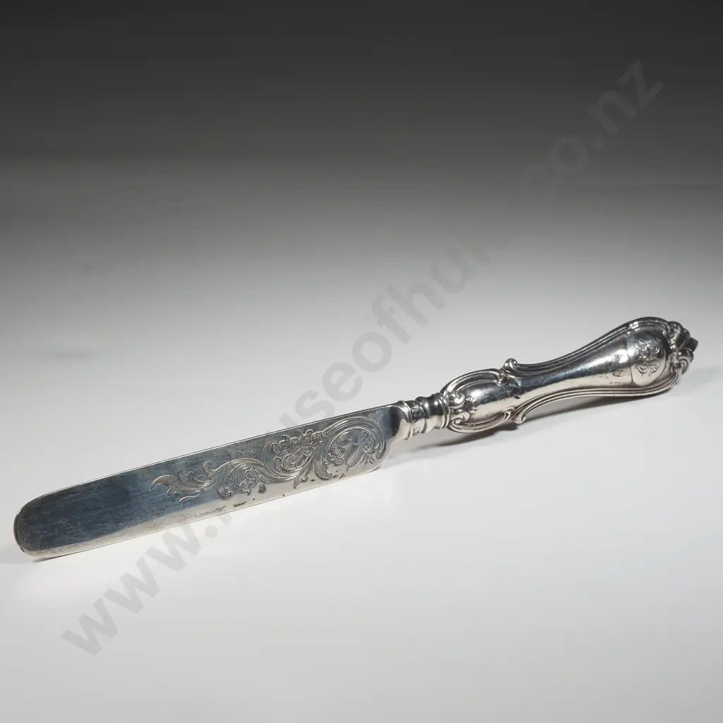 Sterling Silver Fruit Knife With Scroll Handle & Engraved Blade  Image 1++
