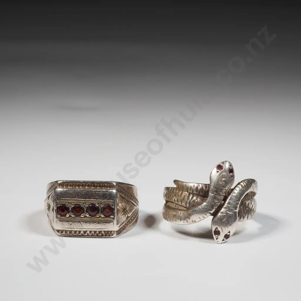 Sterling Silver Snake Entertwined Ring With Red Eyes & Sterling Silver Ring Set With A Band Of Red Stones Image 1++