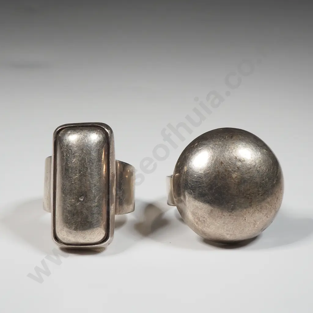 Two Modernist Mexican Sterling Silver Rings - One w Sterling Dome & The Other With  Rectangular Image 1++