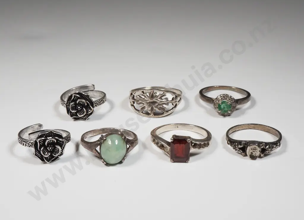 Six Sterling Silver Rings: Two With Rose Decoration. Three Set With Stone. Some A/F Image 1++