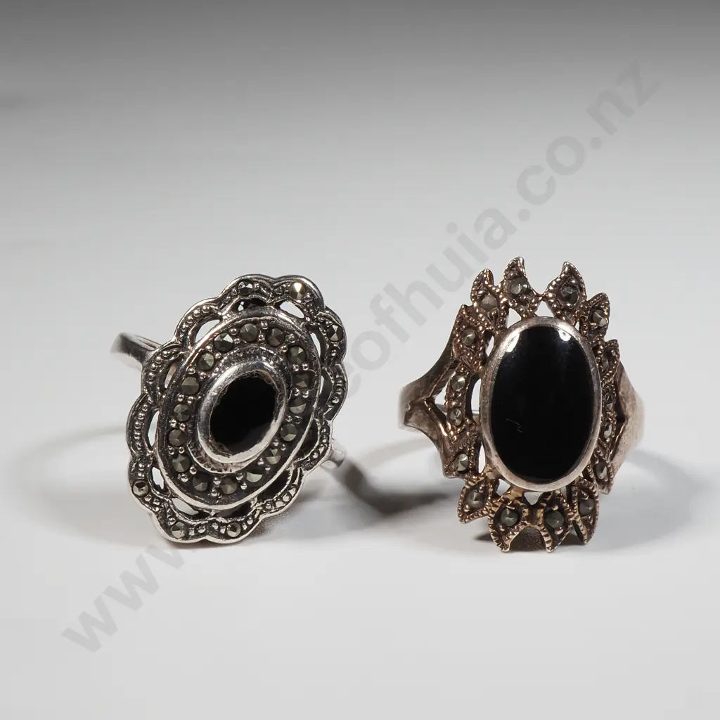 Two Sterling Silver, Black Onyx & Marcasite Rings Image 1++
