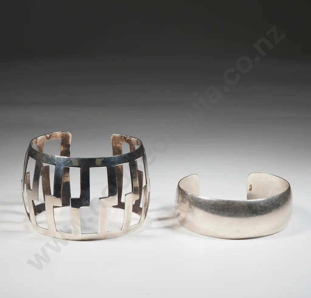 Two Sterling Silver Cuff Bracelets; One With Geometric Openwork Decoration Image 1++