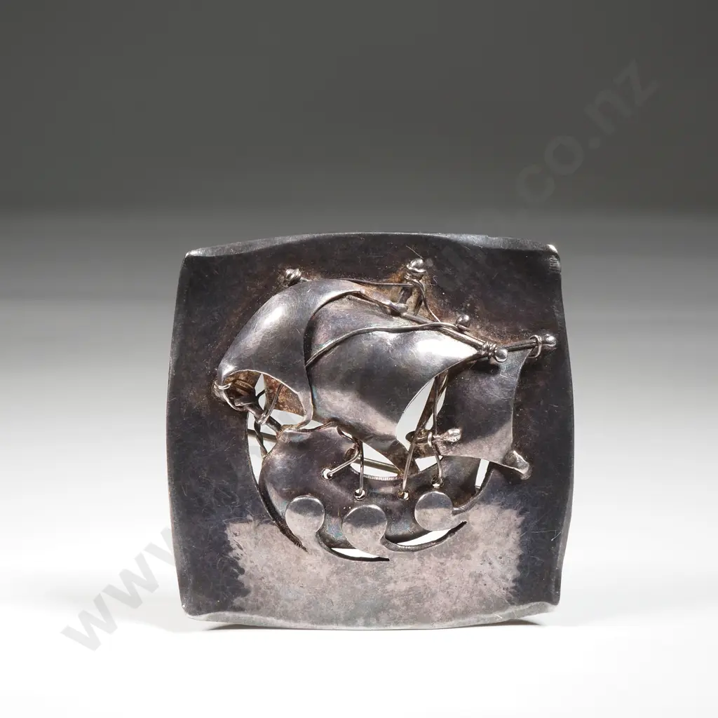 Large Sterling Silver Arts & Crafts Square Form Brooch Featuring A Sailing Ship  Image 1++
