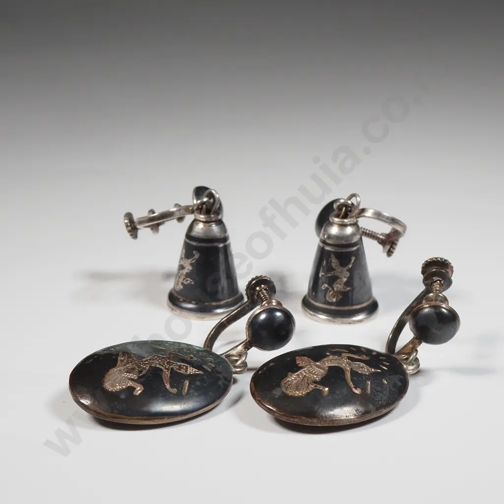 Two Pair Of Siam Sterling Earrings; Thai Goddess Nielloware Image 1++