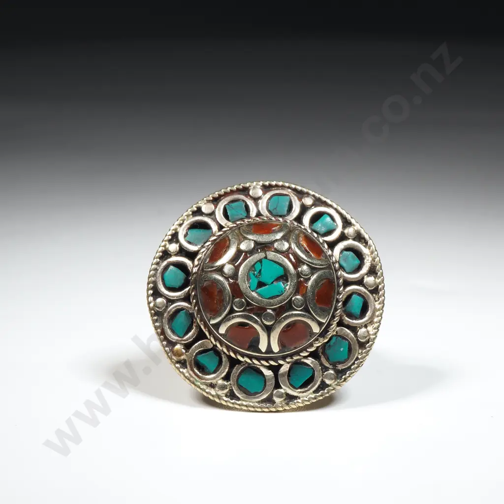 Ethinic Silver Toned Turquoise  & Coral Ring. Image 1++