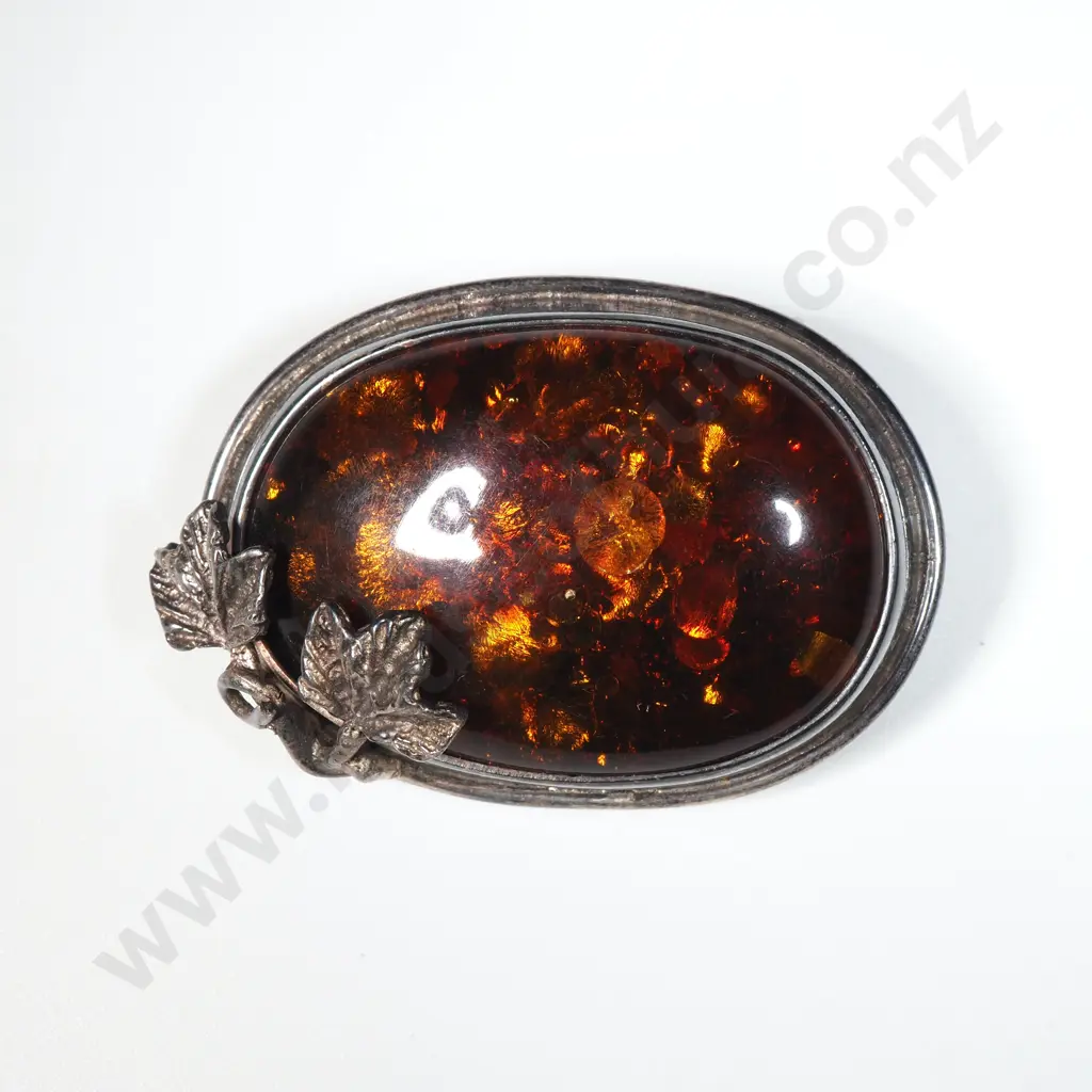 Sterling Silver Amber Brooch w leaf Embellishment. Image 1++