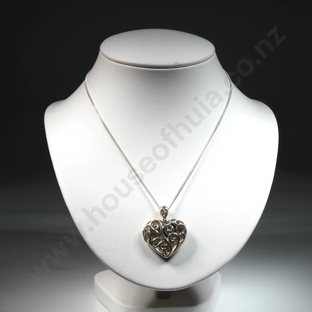 Sterling Silver Heart Shaped Open Work Heart Shaped Pendant With Chain Image 1++