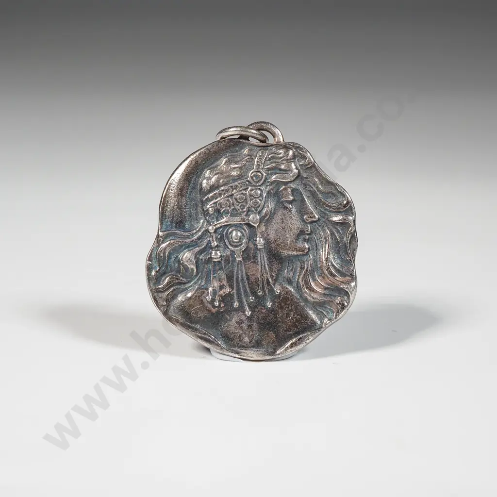 Vintage Art Nouveau Sterling Silver Pendant Depicting A Young Female with Exotic Headdress Image 1++