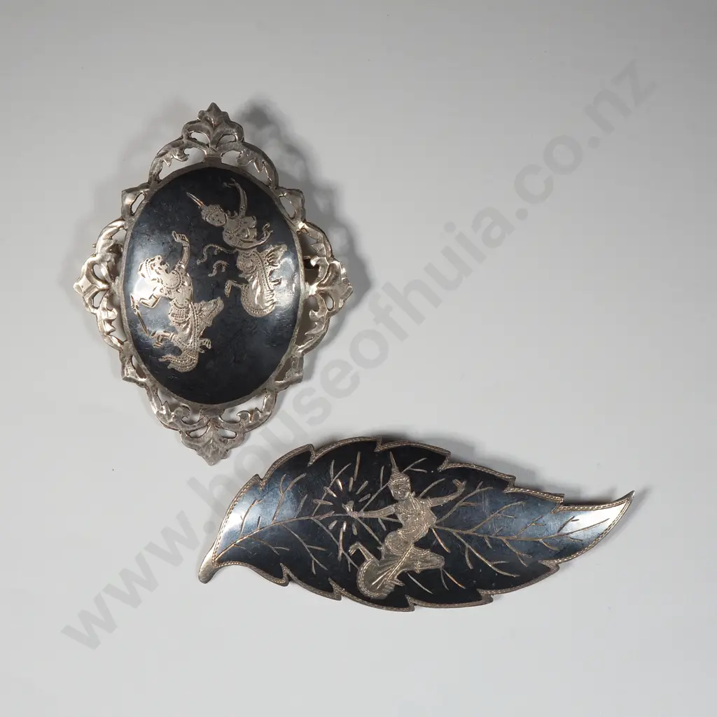 Two Siam Sterling Brooches. Both  Black  Thai Goddess Nielloware Image 1++