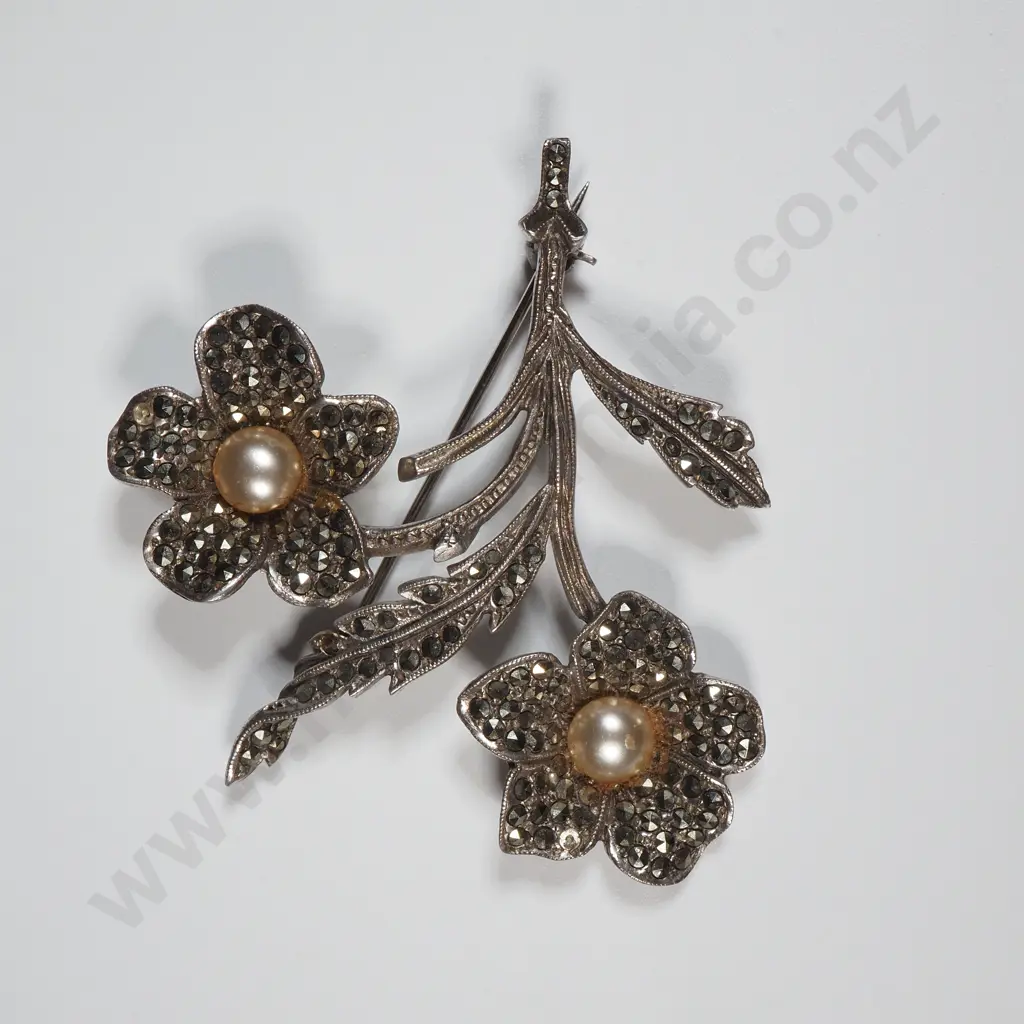 Sterling Silver Marcasite & Pearl Floral Brooch  Image 1++