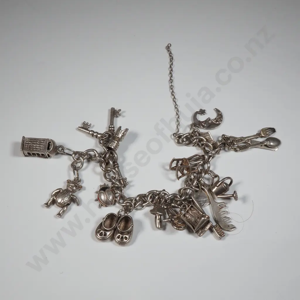 Vintage Sterling Silver Charm Bracelet With Many Charms Including A Sardine Tin, Knife Fork & Spoon, Telephone Box, Bike Image 1++