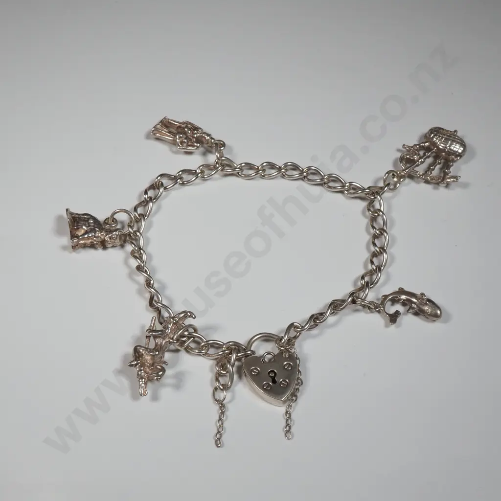 Vintage Sterling Silver Bracelet with Bagpipes, Cat, Witch On Broomstick, Bride & Groom & Shark Image 1++