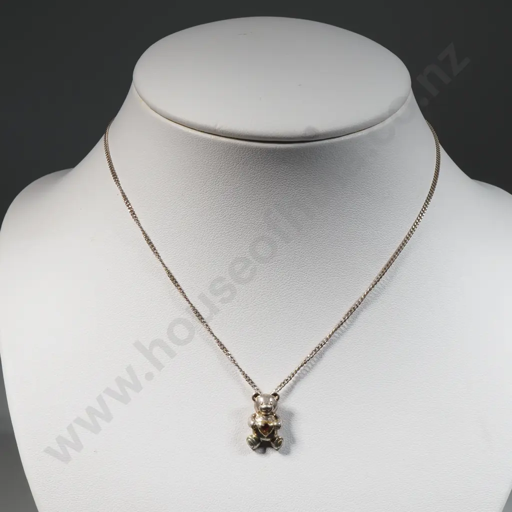 Sterling Silver Teddy Bear Pendant With Red Stone & Chain Image 1++