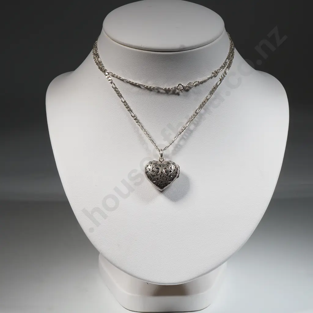 Sterling Silver Figaro Chain With Fretwork Heart Shaped Locket  Image 1++
