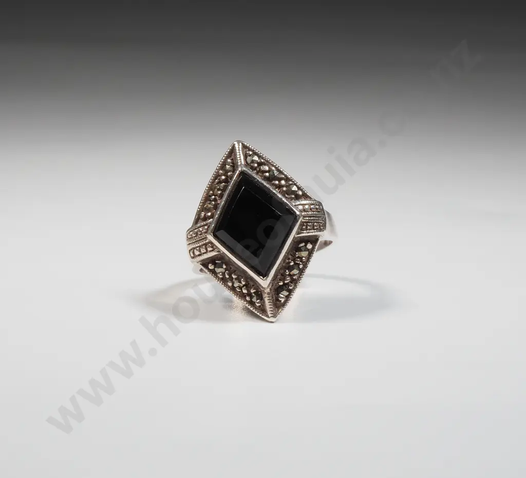 Sterling Silver Marcasite & Black Stone Ring  Image 1++