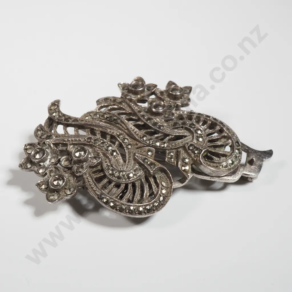 Vintage Sterling Silver & Marcasite Brooch/ Clip Image 1++