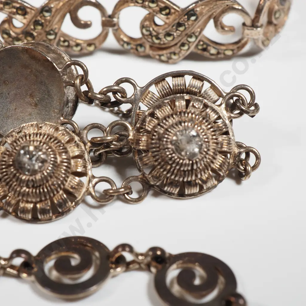 Sterling Silver & Marcasite Bracelet, A Thai Silver Bracelet & A Sterling Bracelet with Interlinking Scroll Medallions Image 1++